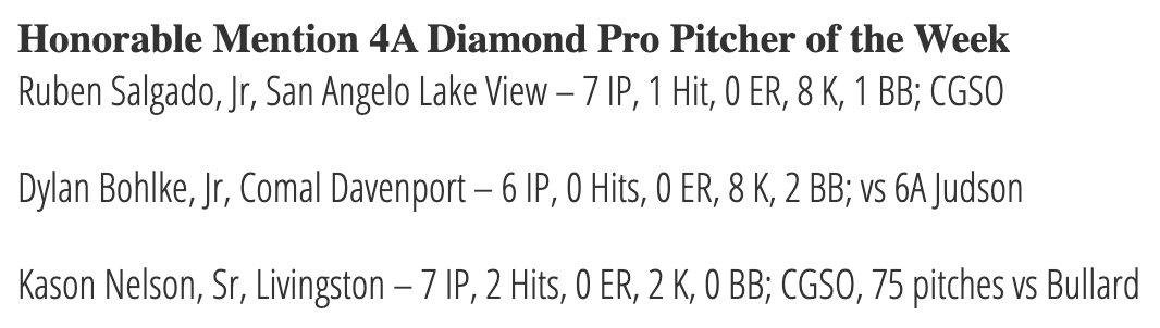 The Honorable Mention 4A Diamond Pro Pitcher of the Week goes to three pitchers: <a href="/LVChiefBaseball/">Lake View Chief Baseball</a> <a href="/BsblDavenport/">Davenport Baseball</a> <a href="/CoachMillerBSB/">Coach David Miller</a> #kasonnelson <a href="/DylanBohlke/">Dylan Bohlke</a> #rubensalgado <a href="/Diamondpropgp/">DIAMOND PRO</a>