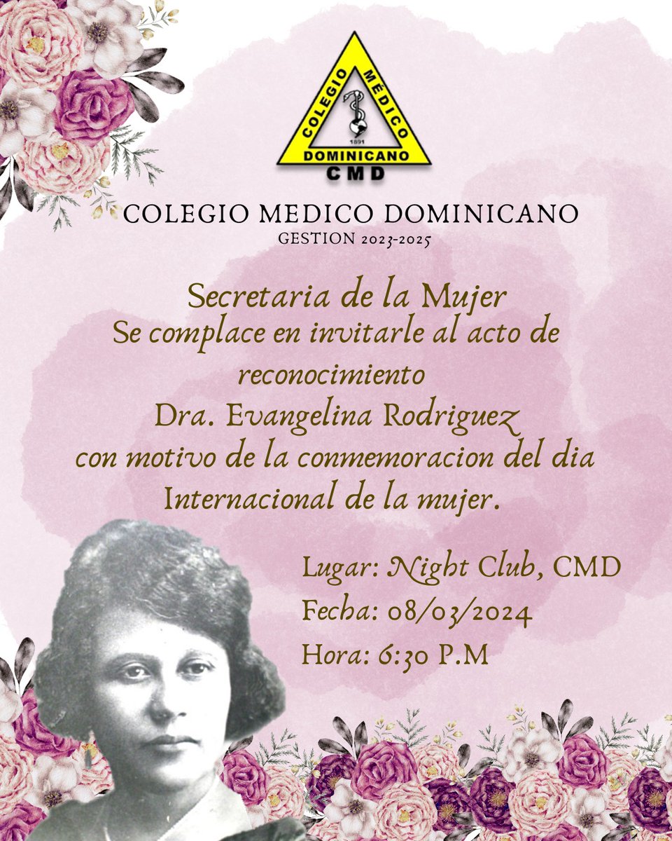 La Secretaría de la Mujer se complace en invitar a toda la comunidad al acto de reconocimiento Dra. Evangelina Rodríguez. Este evento especial se llevará a cabo el 8 de marzo de 2024 en el Night Club del CMD a las 6:30 P.M.