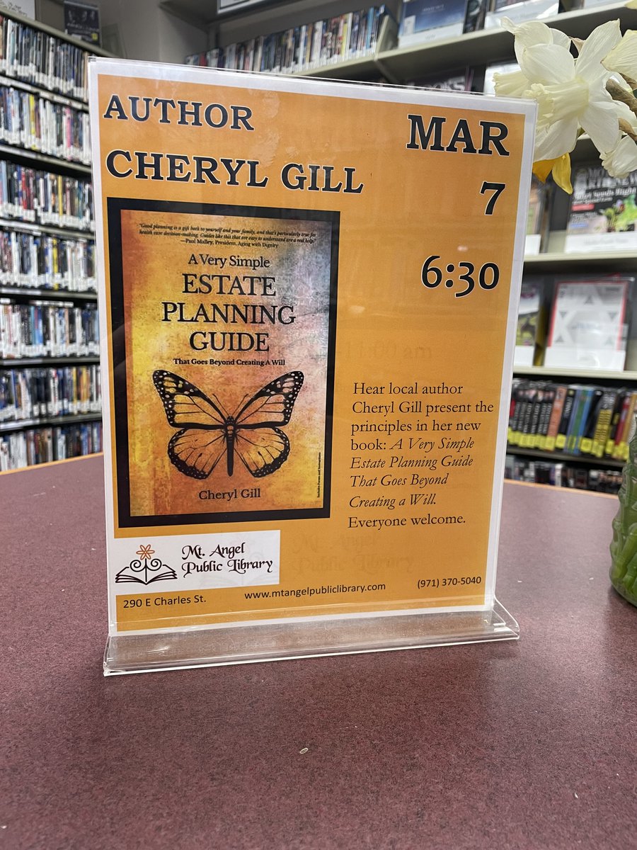 PublicMt's tweet photo. Discover the simplicity of estate planning with local author Cheryl Gill! Join us for an evening as she demystifies the process. Whether you're a beginner or refining your plan, Cheryl's presentation will guide you to your goals. 

Thurs, March 7, 6:30 PM
Mt. Angel Public Library https://t.co/R6h8OSrFtn