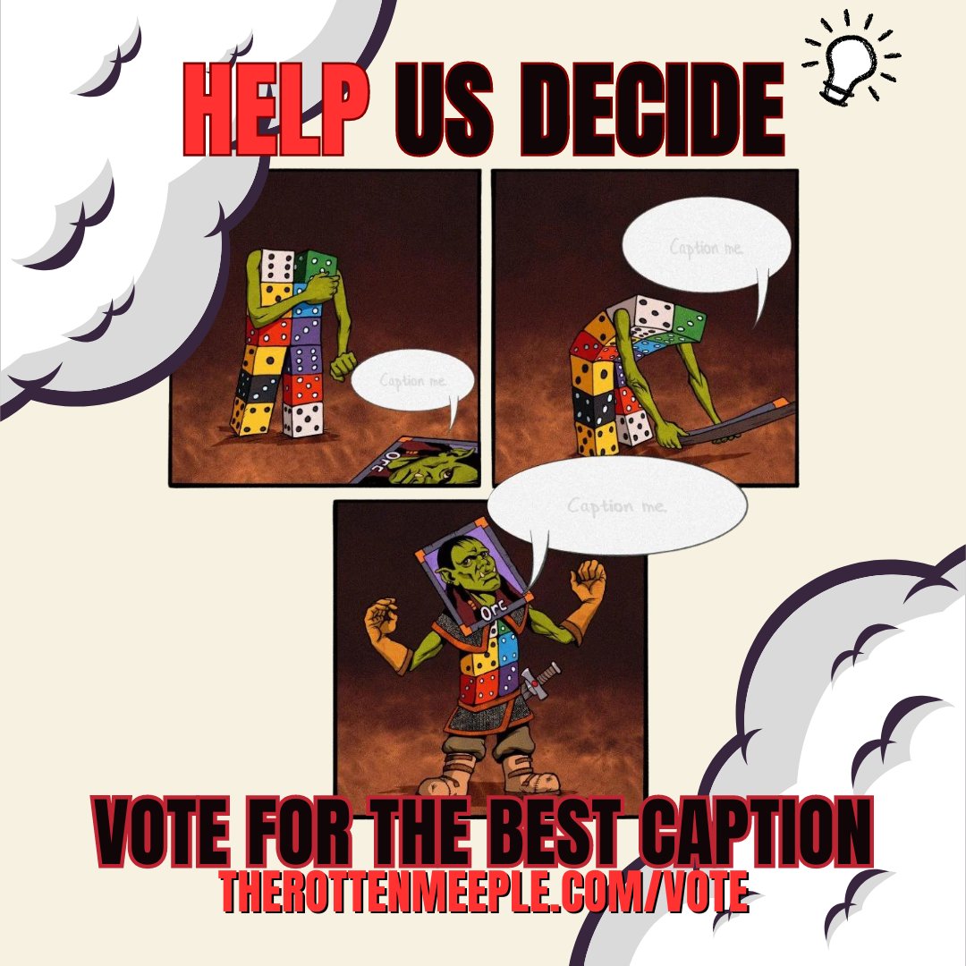The Rotten Meeple is looking for feedback! ⚠️ Help us decide which caption to use for the upcoming comic, you can vote for your favourite one below! ⬇️ therottenmeeple.com/vote #therottenmeeple | #rollplayer | #boardgames