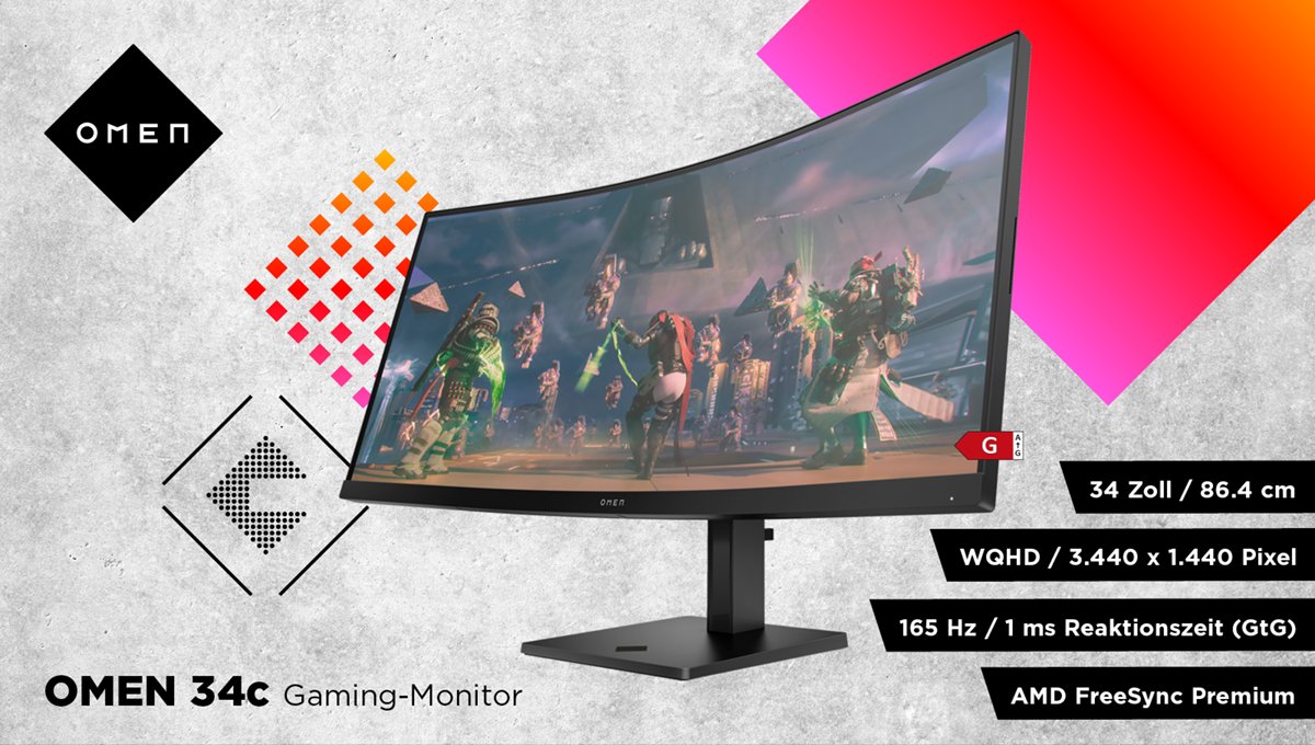 Ultrawide zum fairen Preis! 🎮 bit.ly/48BIPM8 Der @OMENbyHP_de 34c Curved Gaming-Monitor liefert dir UWQHD (3.440 x 1.440 Pixel), 165 Hz, AMD FreeSync & 1 ms Reaktionszeit (GtG). 😊 Damit sicherst du dir ein 🚀 immersives Gaming-Erlebnis & superflüssige Bildübergänge.