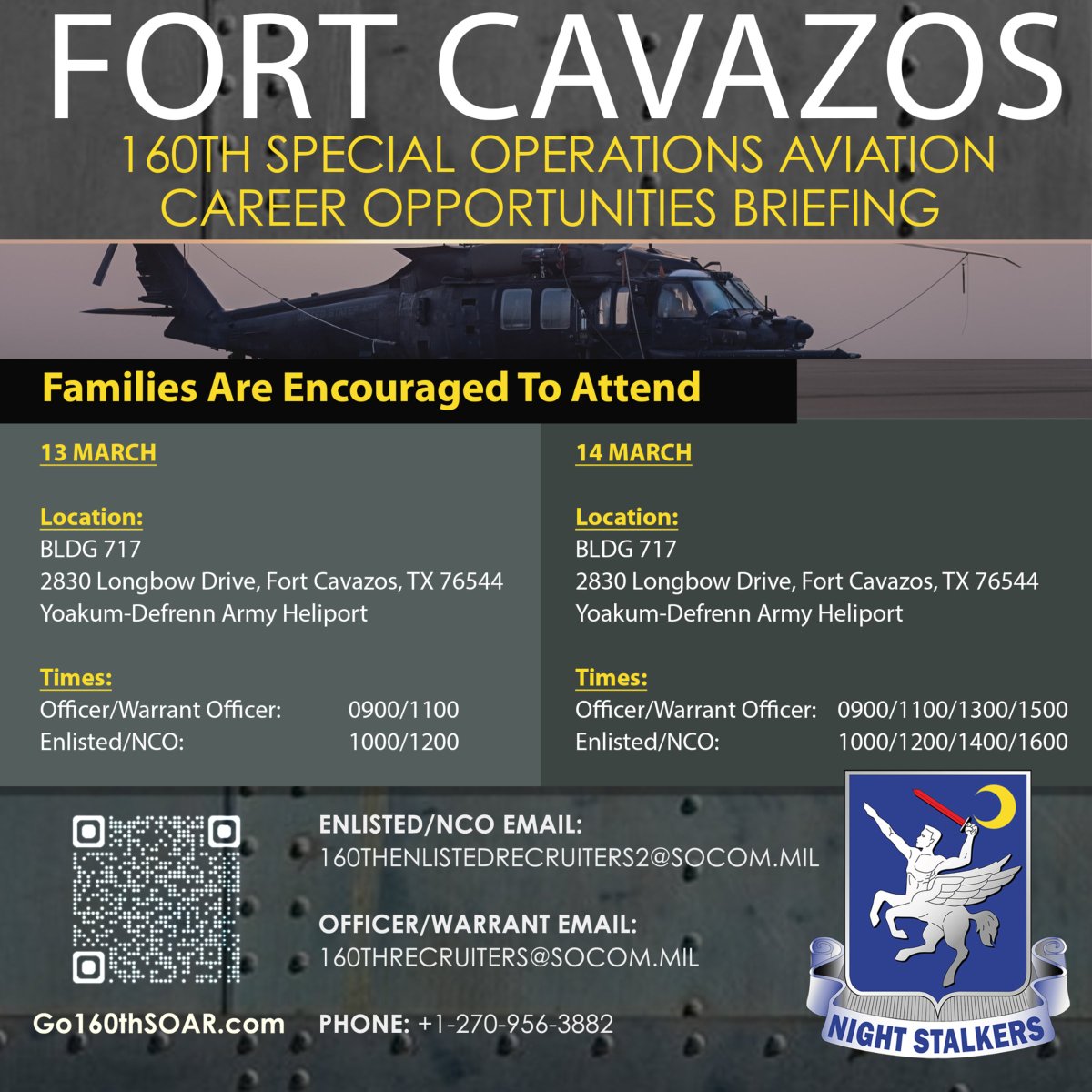 The 160th SOAR Recruiting Team invites you to Career Opportunities Briefing. Enlisted, Warrant Officers and Officers are encouraged to explore new career pathways by joining SOAR. go160thsoar.com. #USArmy #BeAllYouCanBe #PhantomWarriors #BeReady