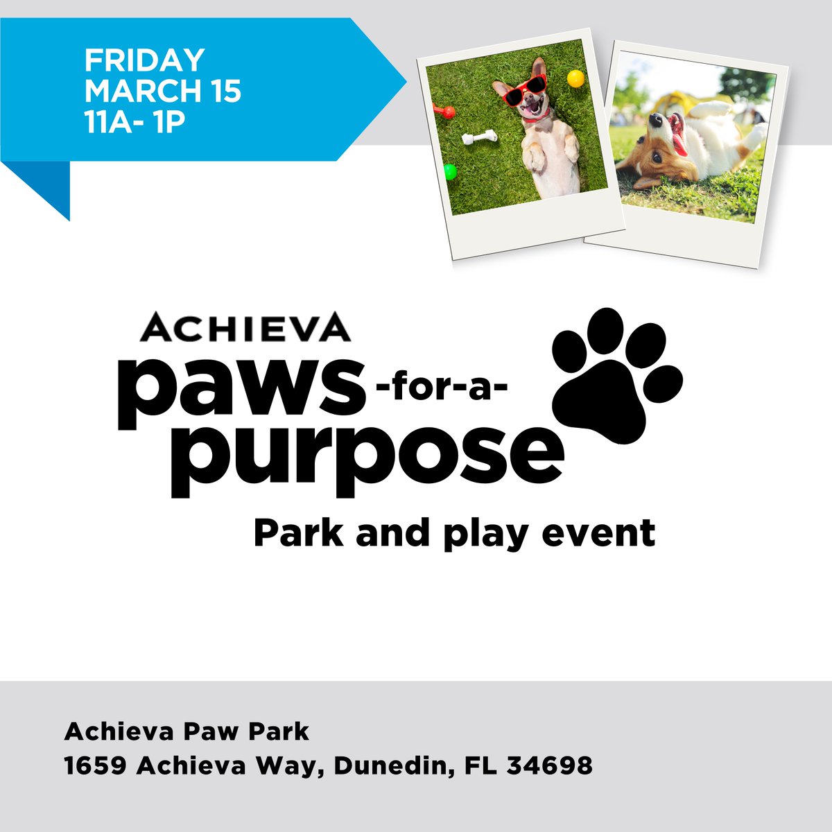 Join us for our special event in partnership with @FeedingTampaBay to support local pets in need! Bring a donation of unopened dog food to Achieva Paw Park on March 15 from 11a to 1pm. Save the date. 📅 We look forward to seeing you there.