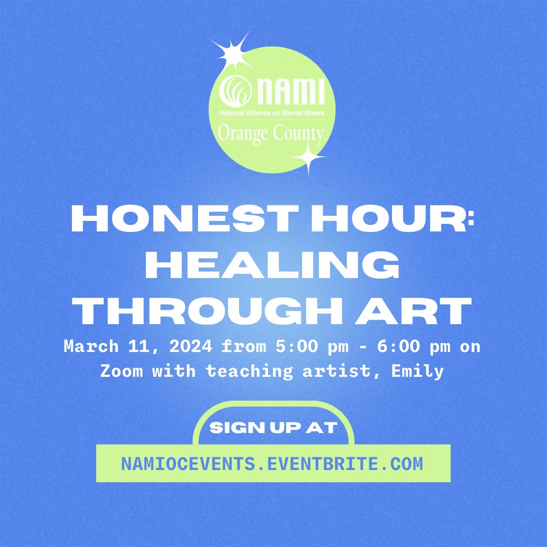 NAMIOC's tweet photo. Don't forget to sign up for our upcoming Honest Hour for teen's & young adults on March 11th! Join us for healing artistic activities with teaching artist, Emily from Laguna Playhouse!
Sign up at https://t.co/muHWVerK5f
#NAMI #HonestHour #wellness #teens #youngadults #art #heal https://t.co/8Dz7cISC2Q