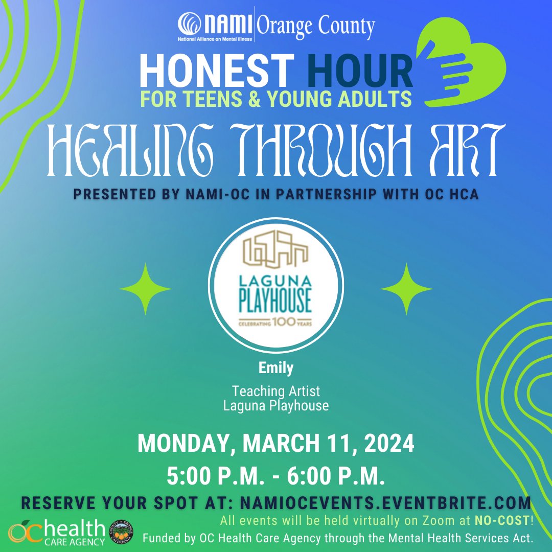 NAMIOC's tweet photo. Don't forget to sign up for our upcoming Honest Hour for teen's & young adults on March 11th! Join us for healing artistic activities with teaching artist, Emily from Laguna Playhouse!
Sign up at https://t.co/muHWVerK5f
#NAMI #HonestHour #wellness #teens #youngadults #art #heal https://t.co/8Dz7cISC2Q