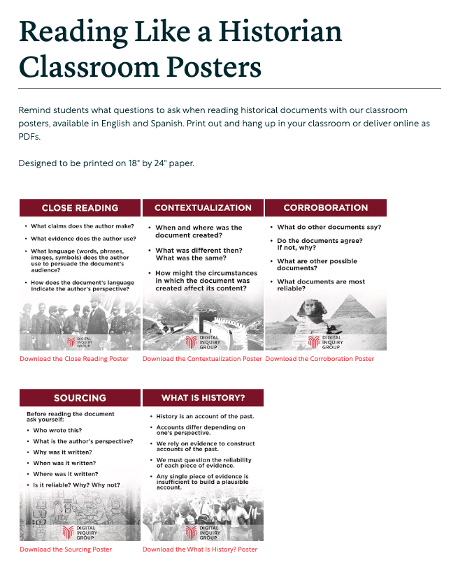 Our historical classroom posters remind students of the questions to ask when reading historical documents. Download them for free in English or Spanish. inquirygroup.org/about/updates/…