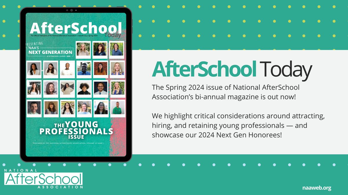 The wait is over! The Spring 2024 edition of AfterSchool Today is OUT NOW! This issue is all about celebrating young professionals in OST, including the NAA Next Generation of Afterschool Leaders! Learn how they're shaping afterschool programs. loom.ly/hnbSdB8