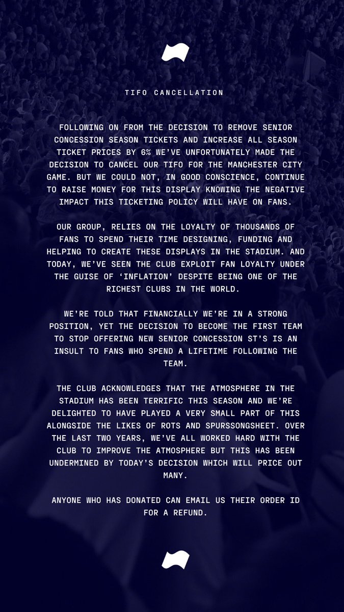 thfcflags's tweet image. After today’s ticket announcement we’ve decided to cancel our planned Tifo vs Manchester City. Full statement below with @ROTS1882 @SpursSongSheet