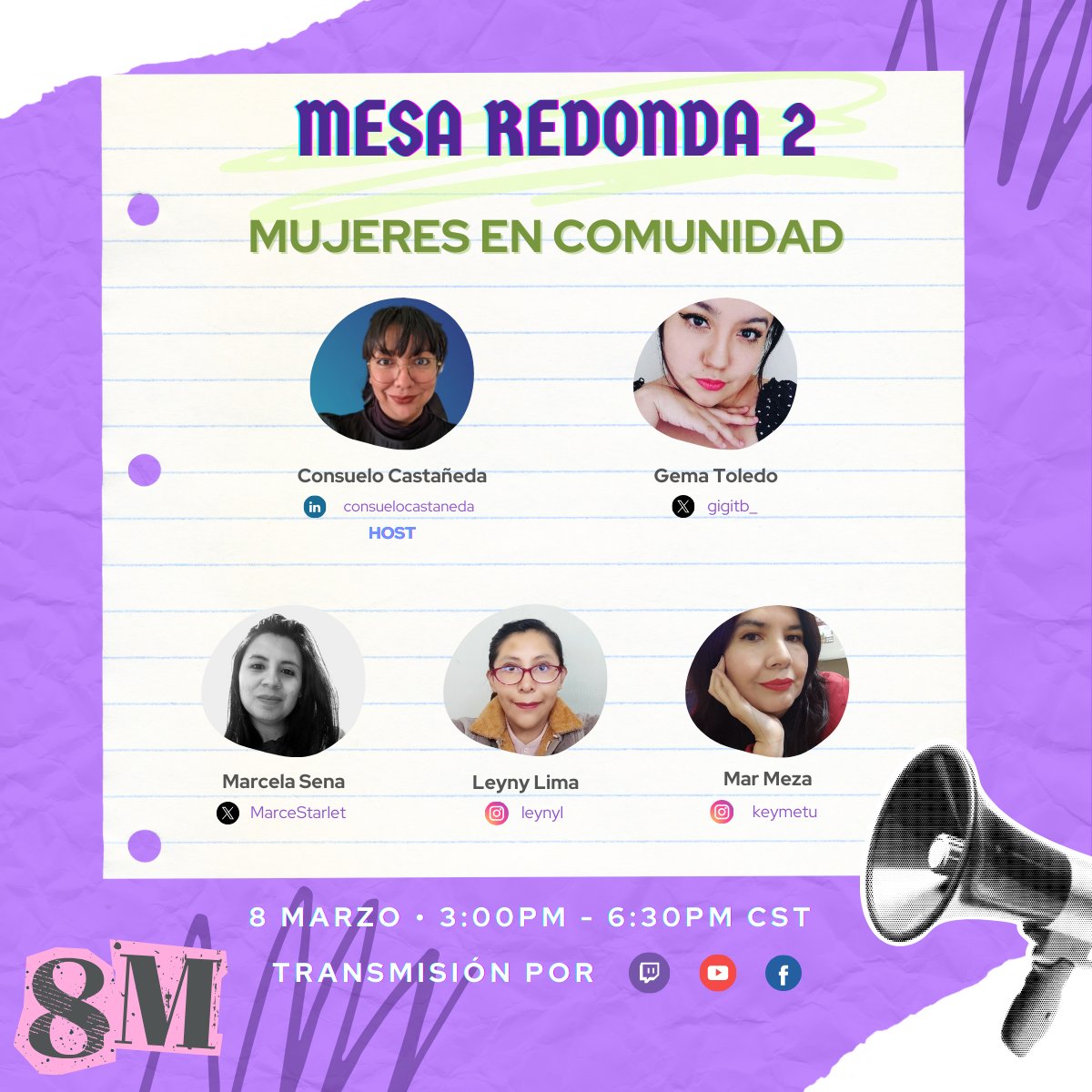 Technolatinas's tweet photo. Tendremos este próximo viernes #8M en nuestra marcha digital💜
Nuestra mesa 2 está conformada por las siguientes speakers:
@Gigitb, @keymetu, @MarceStarlet, @LeynyLima y @konzuelito
#Technolatinas #Technolatinas8M #DiaDeLaMujer #8M #MarchaDigital https://t.co/iHVS33w9D7