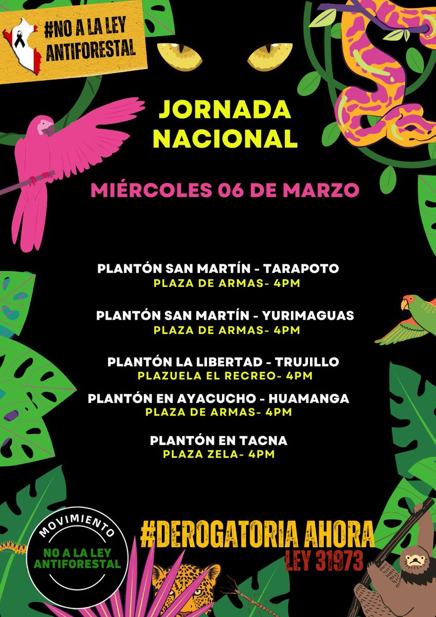 jurrunaga's tweet image. Sigue creciendo el rechazo en contra de la #LeyAntiforestal. Ya son 22 ciudades del Perú las que se suman hoy al plantón, exigiendo #DerogatoriaAhora
#SinBosquesNoHayFuturo 
Hoy miércoles 6 de marzo