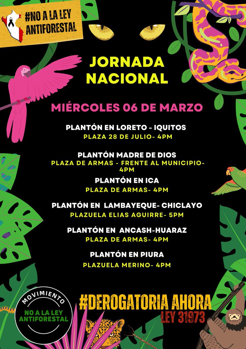 jurrunaga's tweet image. Sigue creciendo el rechazo en contra de la #LeyAntiforestal. Ya son 22 ciudades del Perú las que se suman hoy al plantón, exigiendo #DerogatoriaAhora
#SinBosquesNoHayFuturo 
Hoy miércoles 6 de marzo