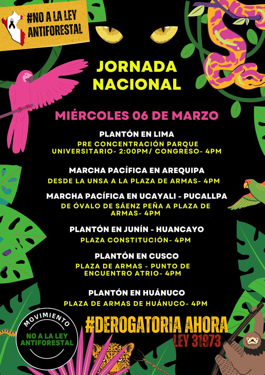 jurrunaga's tweet image. Sigue creciendo el rechazo en contra de la #LeyAntiforestal. Ya son 22 ciudades del Perú las que se suman hoy al plantón, exigiendo #DerogatoriaAhora
#SinBosquesNoHayFuturo 
Hoy miércoles 6 de marzo