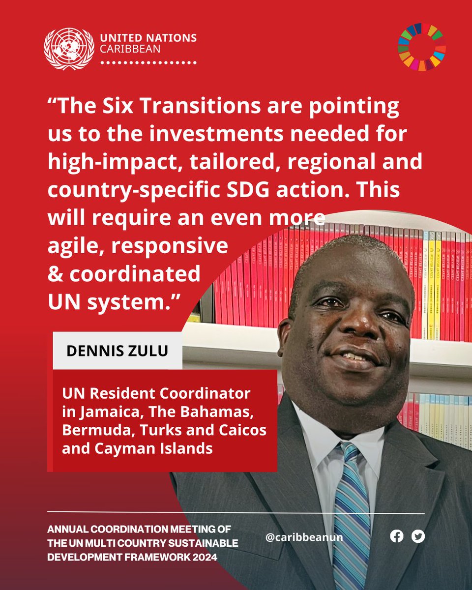Calling for a significant boost in #Caribbean SDG efforts, @DennisZulu_, UN Resident Coordinator for @UNJamaica, highlighted the 'Six Transitions' as investment pathways to fulfilling the #2030agenda 📈 🎒 🛜 🪫 🌾 🌡️ Learn about the 6️⃣ transitions 👉 bit.ly/six-transitions