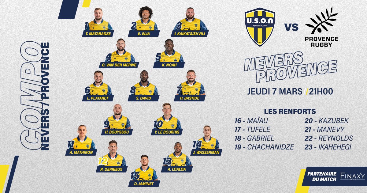 LesCompos's tweet photo. Les compos pour @usonneversrugby - @ProvenceRugby !
⏱️ Jeudi, 21h00
🏟️ Stade du Pré Fleuri, Nevers
#USONPR #ProD2 https://t.co/BBJcZNvLEy
