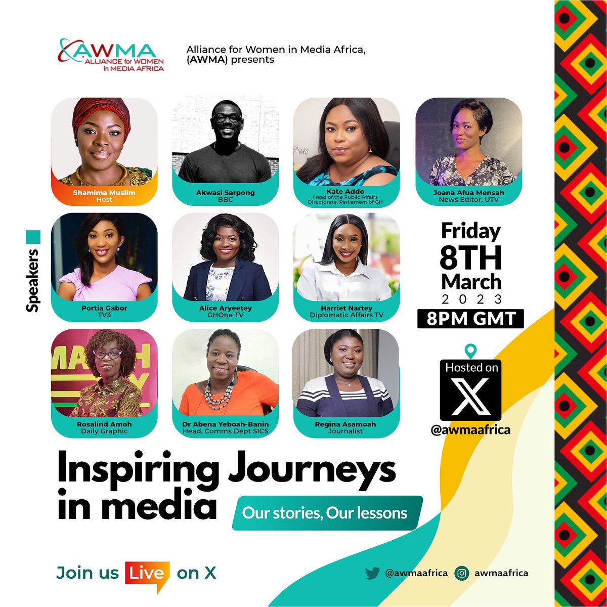 x.com/awmaafrica/sta… All is set for our IWD conversation on X. We want to inspire more journeys in media by sharing stories and lessons from those charting creative, consistent paths… join us on Fri the 8th of March at 8pm GMT…@awmaafrica .