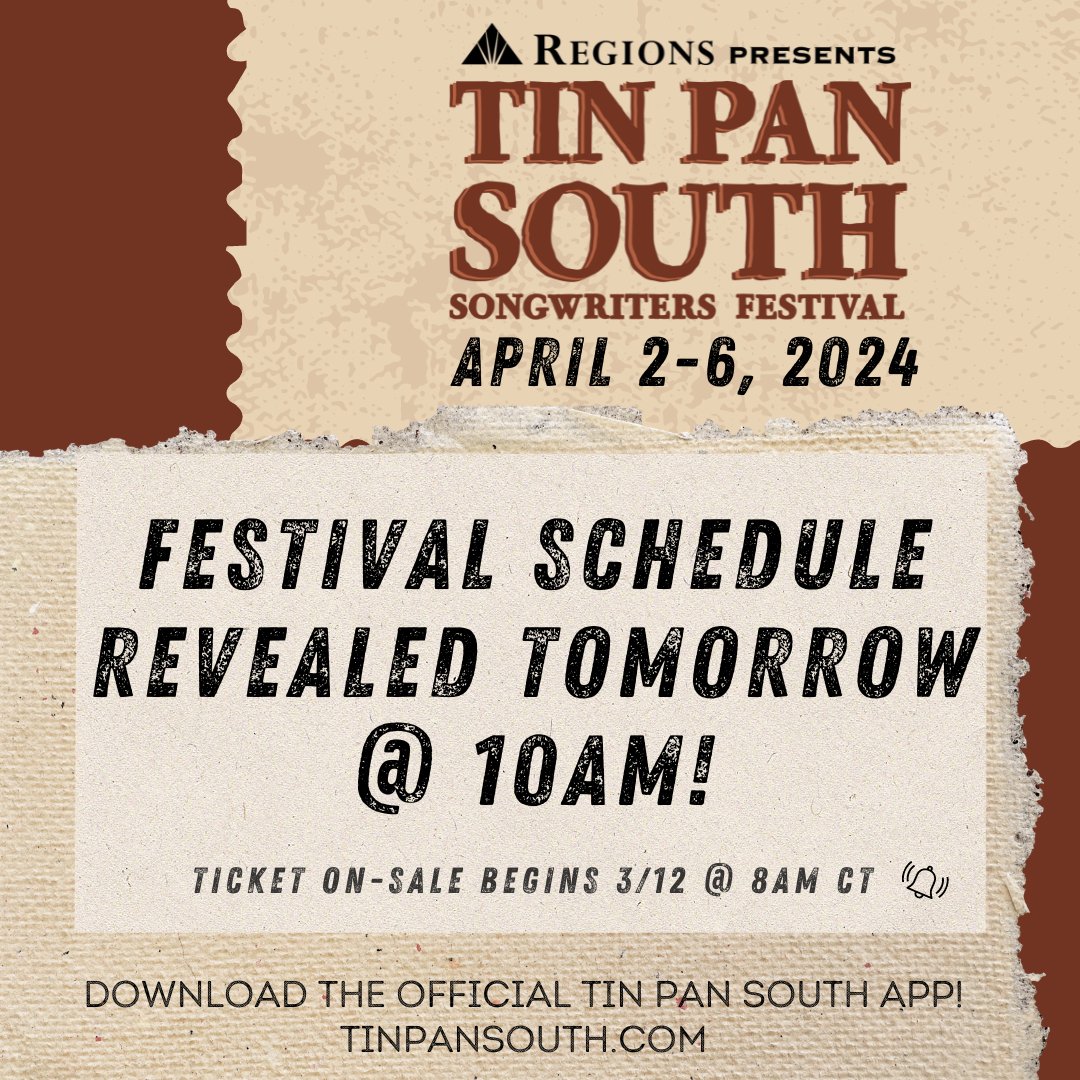 Tin Pan Week is officially one month away and we're excited to reveal the festival schedule tomorrow 3/7 at 10am CT! Regions is back to present the 5 days of songwriter rounds at 10 venues...download the official app and get ready to map out your week and set your reminders!