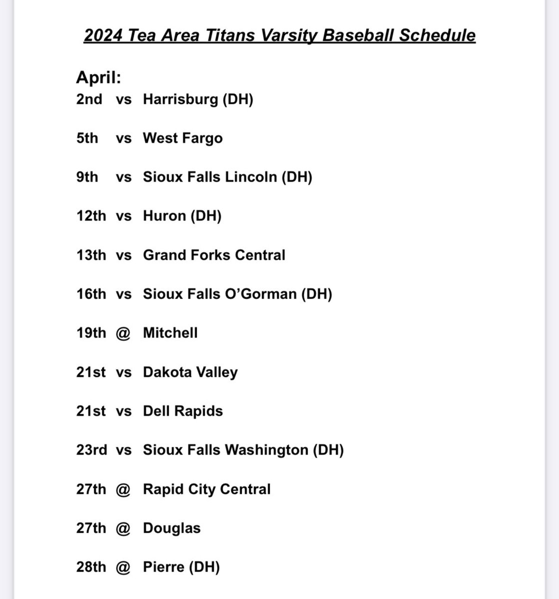 April Varsity Schedule (full JV and Varsity schedule can be found on GameChanger)