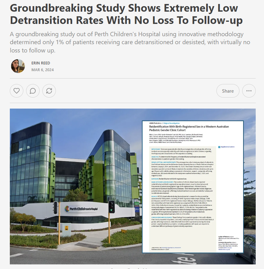 1. A groundbreaking new study shows extremely low detransition or desistance rates among trans youth from 2014-2022. It uses an innovative methodology resulting in almost NO 'loss to follow up.' Only 1% receiving GAC desisted or detransitioned. Subscribe to support my work.