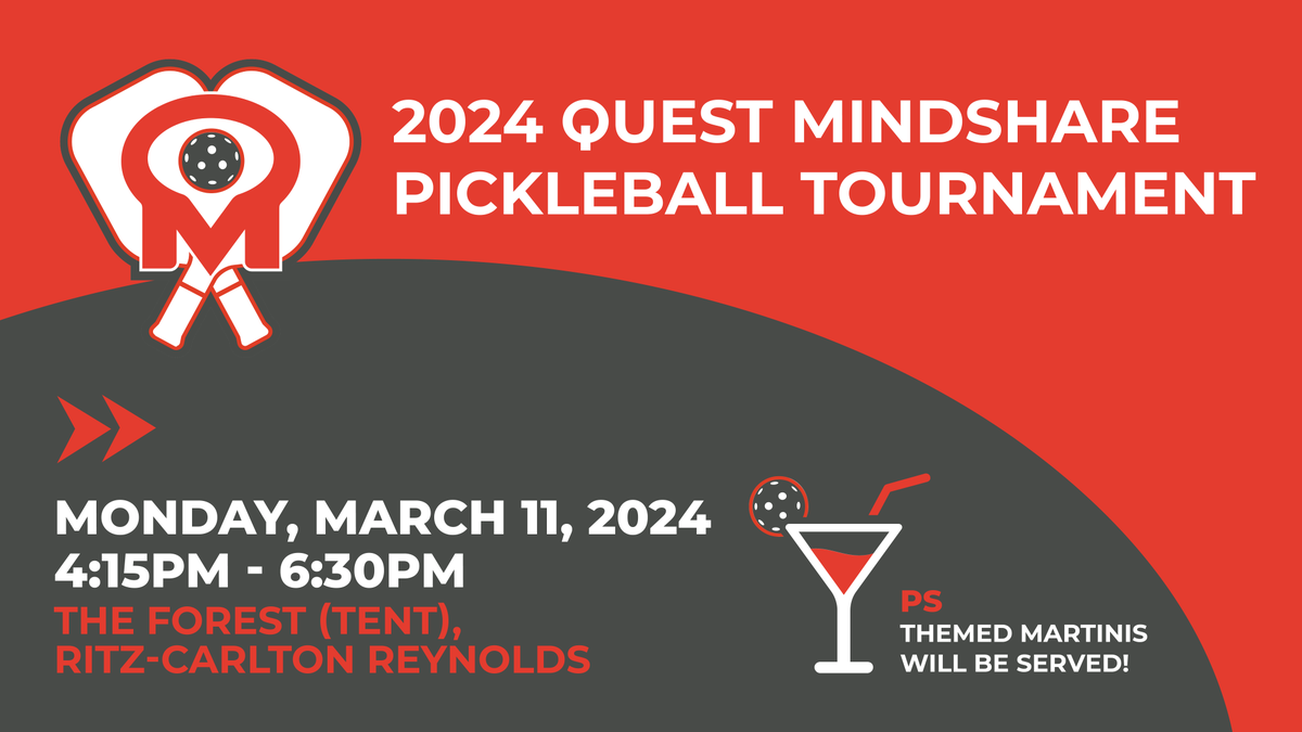 QuestMindshare's tweet image. Get ready to serve up some fun at @Samplecon with Quest Mindshare's Pickleball Tournament! 🏓

Join us Monday, March 11th, 4:15pm - 6:30pm for thrilling matches and themed martinis!

bit.ly/3V7yEvc

#samplecon #samplecon2024 #mrx
