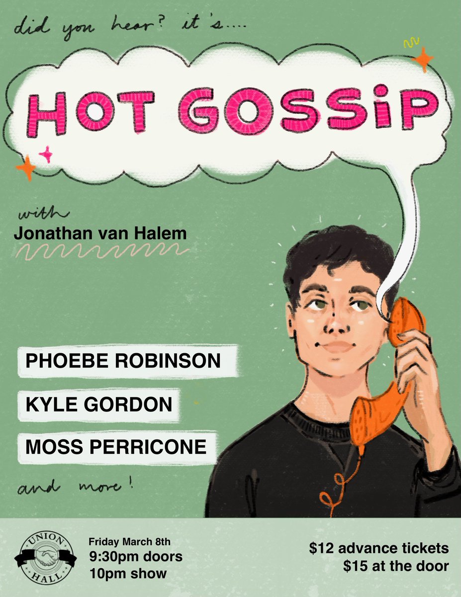 JUST ANNOUNCED! 𝐻𝑜𝓉 𝒢𝑜𝓈𝓈𝒾𝓅 with <a href="/jon_vanhalem/">Jonathan van Halem</a> this Friday, March 8th!

Jonathan van Halem (Clickhole) pauses his perpetual gab sesh to host an evening of stand-up comedy featuring <a href="/dopequeenpheebs/">Phoebe Robinson</a>, <a href="/kylegordon101/">Kyle Gordon</a> + MORE TBA!

Tickets on sale now: tinyurl.com/4d5frbu3