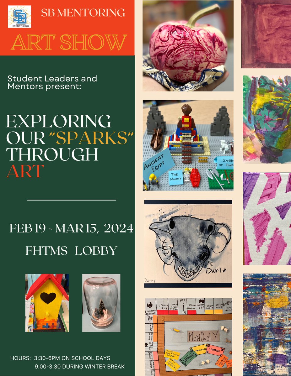 SBMentoringVT's tweet photo. Student leaders and mentors have been exploring their "sparks" through art and creating some AMAZING pieces. Stop by to have a look at SB Mentoring's exhibit at FHTMS on through March 15, 2024 https://t.co/TIL6EJQUeP