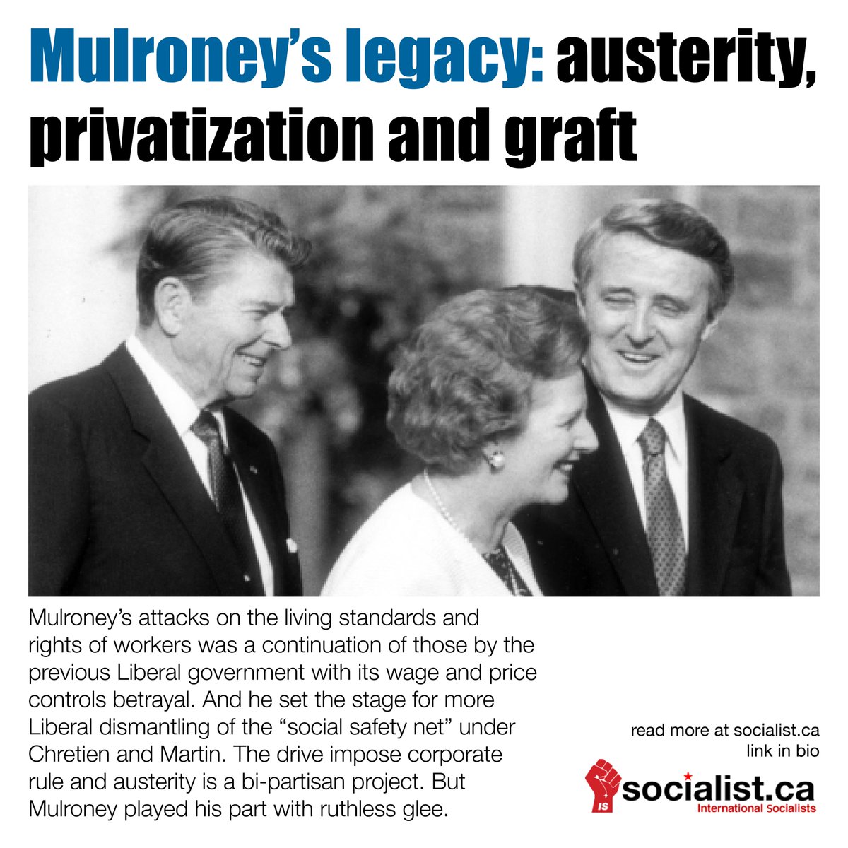socialist_ca's tweet image. Certainly Mulroney’s attacks on the living standards and rights of workers was a continuation of those by the previous Liberal government with its wage and price controls betrayal. But Mulroney played his part with ruthless glee.
Read more at: socialist.ca/node/4850
#cdnpoli