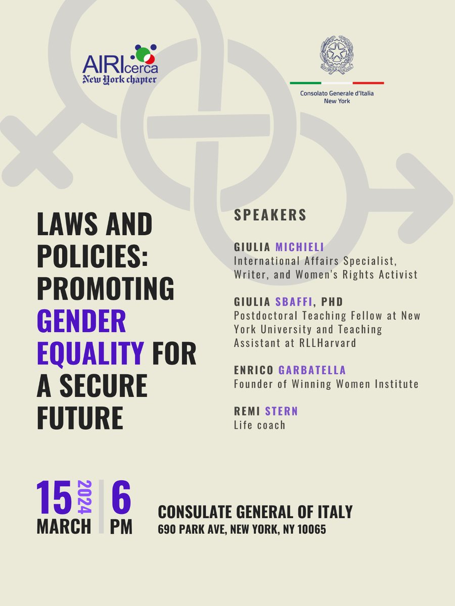 🌟Excited for #WomensHistoryMonth! Join us on March 15th at 6 PM at the Consulate General of Italy for an enlightening seminar on 'Laws and Policies: Promoting Gender Equality for a Secure Future.' Let's discuss ongoing struggles and empower change! #GenderInequality @ItalyinNY