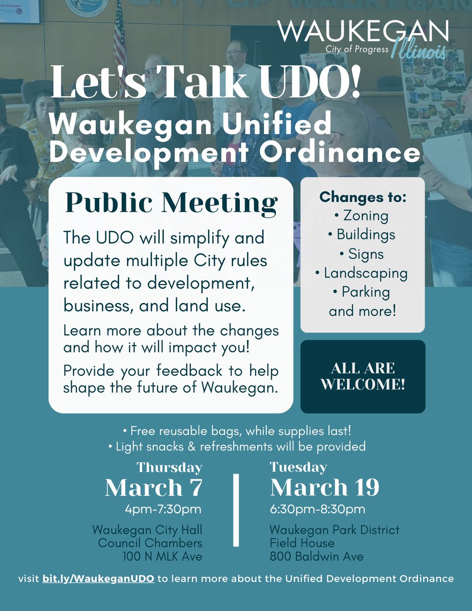 #explorewaukegan - Public meetings scheduled for more info about the City's Unified Development Ordinance (UDO). Meetings held on Thurs., March 7, 4-7:30pm at Waukegan City Hall and Tues., March 19, 6:30-8:30pm at the Waukegan Field House Sports, Fitness &amp; Aquatics Center.