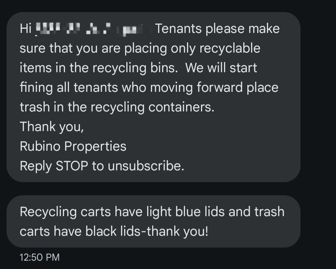 ChezCurt's tweet photo. New method to encourage recycling: fine anyone who has trash. Landlords at their finest https://t.co/URRNQX1Hay