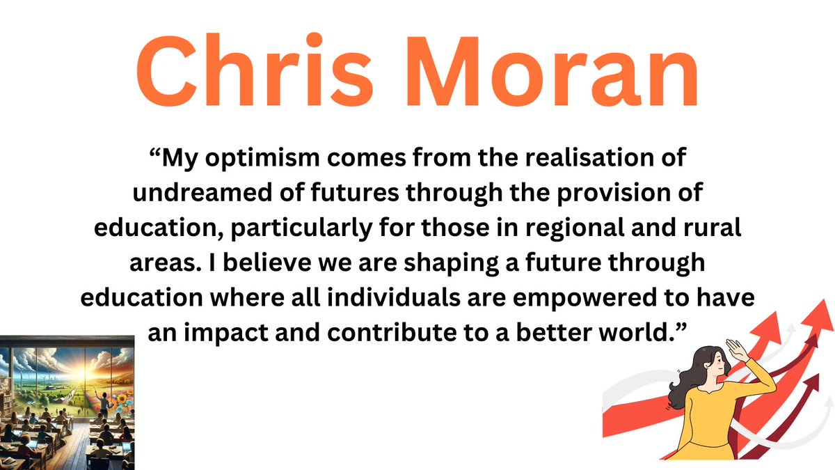 victorperton's tweet photo. "My #optimism comes from the realisation of #undreamed of #futures"
Inspiring!
I asked Chris Moran, Vice Chancellor and CEO of the University of New England @UniNewEngland, what makes him optimistic.
Chris told me, "My optimism comes from the realisation of undreamed of futures through the provision of #education, particularly for those in #regional and #rural areas. I believe we are shaping a #future through education where all individuals are empowered to have an impact and contribute to a better world."
What makes you optimistic?