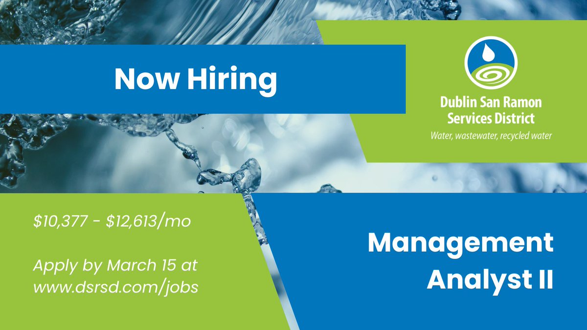 DSRSDnews's tweet image. We’re hiring! DSRSD is recruiting for a Management Analyst II for its Engineering and Technical Services Department. Learn more and apply at dsrsd.com/jobs #workforwater