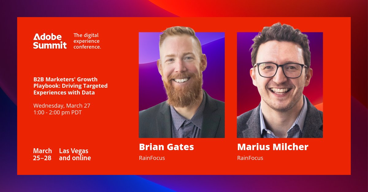 Heading to #AdobeSummit? Learn how RainFocus and <a href="/Adobe/">Adobe</a> integrations accelerate the B2B buying journey at a session hosted by RainFocus experts Brian Gates and Marius Milcher. More info here. reg.adobe.com/flow/adobe/as2…