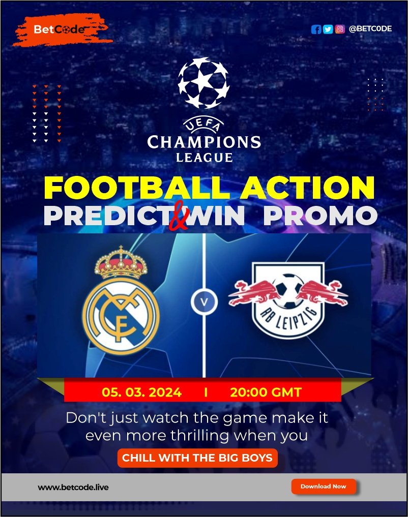 It's another UCL action🔥💥

Predict correctly the scoreline and stand a chance to win an amazing giveaway from BetCode.

Like and Repost 👍 to to be selected for the giveaway.

Let's go