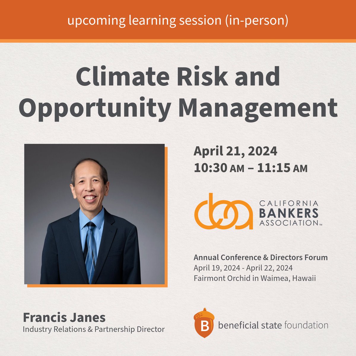 Our Industry Relations and Partnerships Director, Francis Janes, will be speaking at the @calbankers Annual Conference on the timely topic of Climate Risk and Opportunity Management: calbankers.com/ac24 #climatefinance #climatejustice