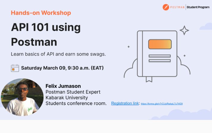 blackie_360's tweet image. Tech enthusiasts, join our epic API 101 workshop with Postman! Dive into advanced techniques, win swag, and elevate your skills Register now: forms.gle/n7rCUpRwbpL7u7…
Location : student conference room , kabarak uni
#API @getpostman #Postman #Postmanstudentexpert #PostmanStudent