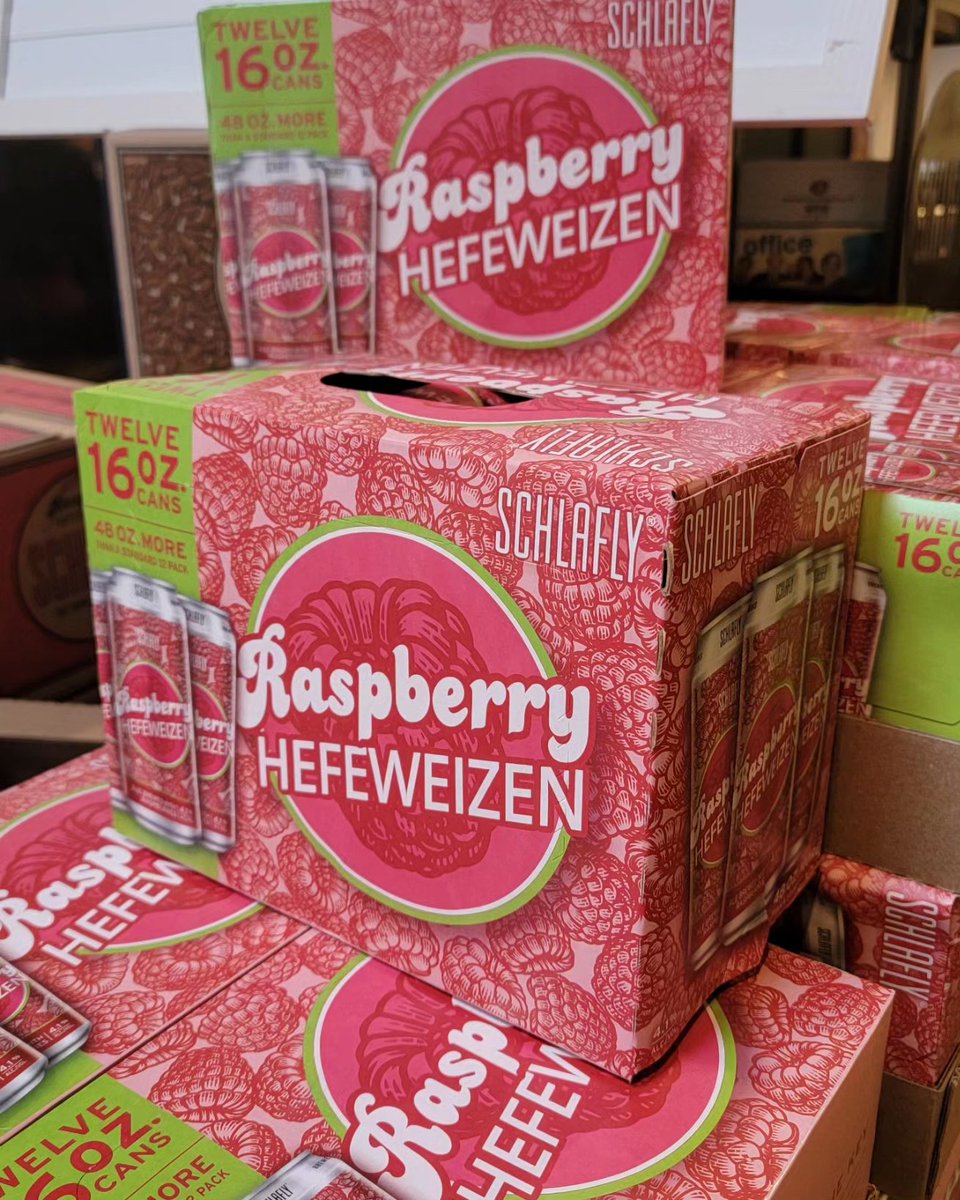 Schlafly's tweet photo. New releases available at the @Schlafly brewpubs. Yes, that is #RaspberryHefeweizen. It's right off the lines. And check out the *merchandising* on #SupportersSession. Looks as good as it tastes! https://t.co/sX0IR8uhKb