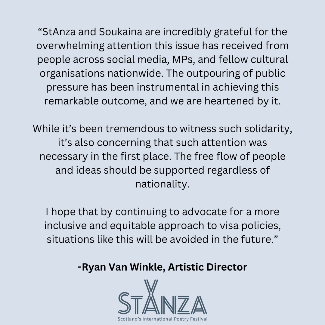 We are thrilled to hear the Home Office has overturned its decision and has now issued Soukaina Habiballah with a visa. StAnza is now working hard with our partners to reinstate Soukaina's event as planned and look forward to welcoming her to Scotland.