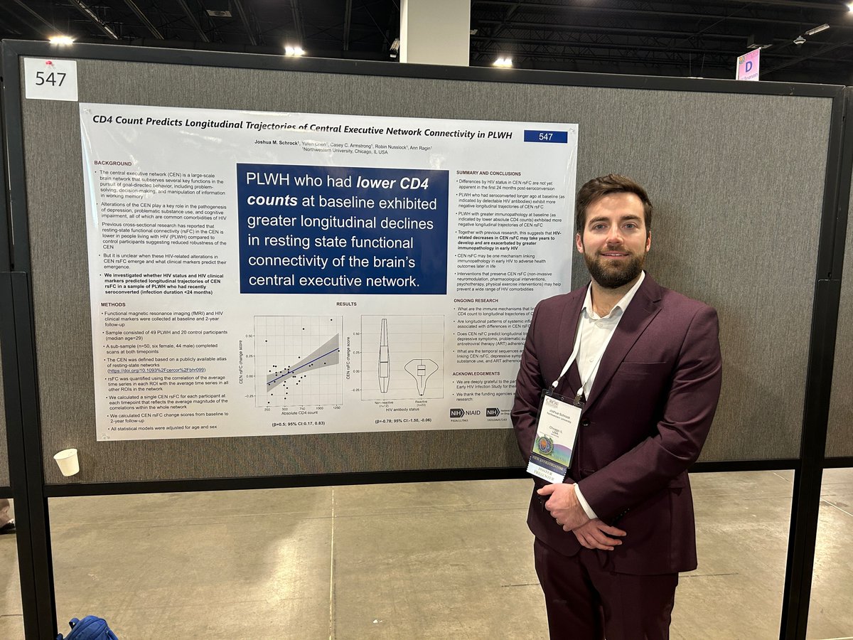 👏 🎉 Congratulations to Joshua Schrock, PhD, research assistant professor @ISGMH and Third Coast CFAR member, for presenting his poster, “CD4 Count Predicts Longitudinal Trajectories of Central Executive Network Connectivity in People Living with HIV (PLWH)” at #CROI2024.