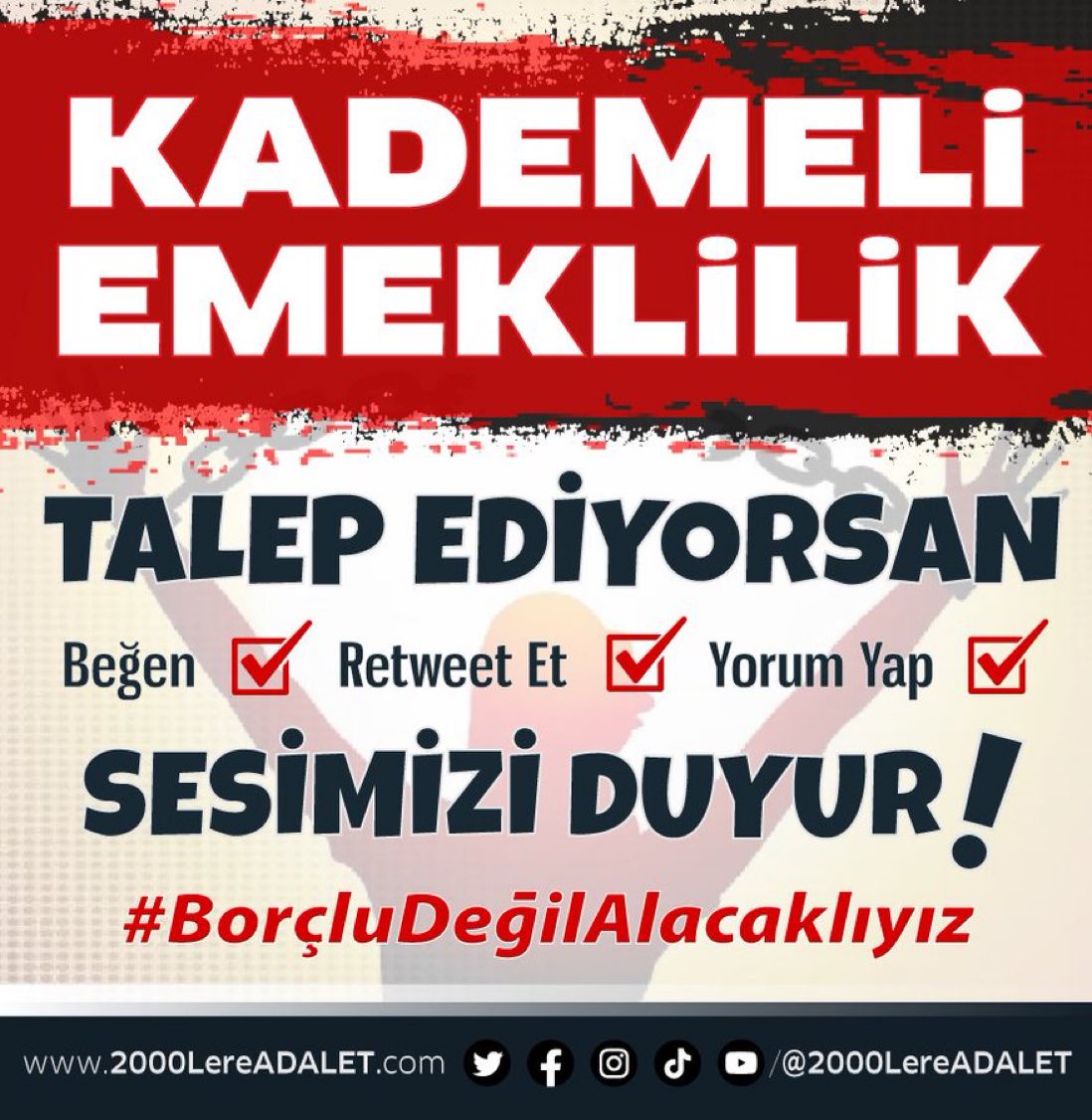 Kademeli Emeklilik talep ediyorsan
BEĞEN ✅
RETWEET ET ✅
YORUM YAP ✅
Sesimizi duyur!

Hakkımız olan kademeli emekliliği alana kadar haykırmaya devam edeceğiz! Çünkü 
#KademeTalepDeğilHakkımız
