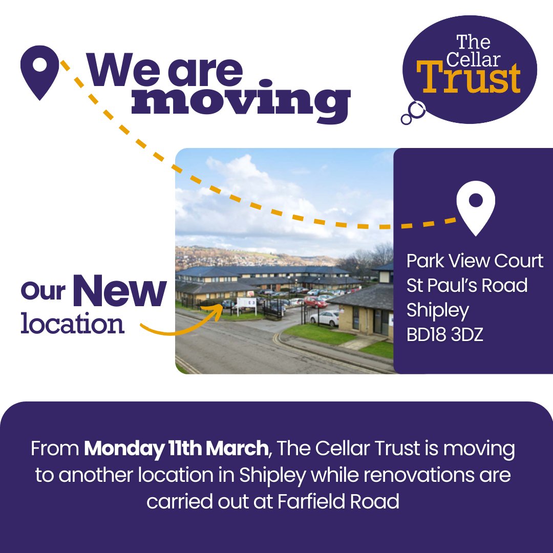 From Monday 11th March, we are moving to another location in #Shipley while renovations are carried out. Farfield Road will be developed into a Health and Well-being Community Campus with a range of services from The Cellar Trust, NHS and other charities👉 thecellartrust.org/home/shipley-t…