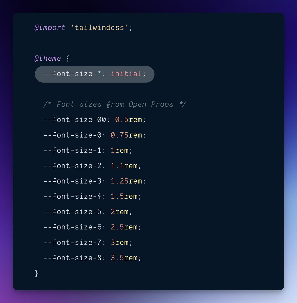 simonswiss's tweet image. ✨ Mini Tailwind CSS v4 demo ✨
Replacing the font size scale with @openprops' one.
This is the entire setup (using Tailwind in @astrodotbuild as a Vite plugin)