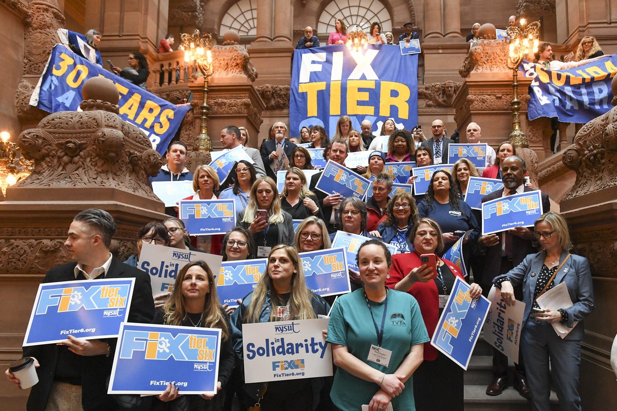 nysut's tweet photo. Unlikely, but #ICYMI: NYSUT member activists descended on the state Capitol this week our annual Committee of 100 rally and made their voices heard for the fight to #FixTier6.

Learn more: https://t.co/2AaC8Avzp3 https://t.co/v8zekDCg5K