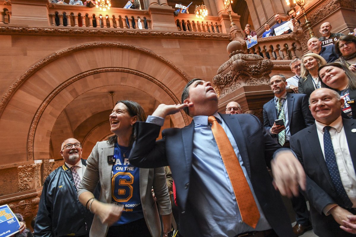 nysut's tweet photo. Unlikely, but #ICYMI: NYSUT member activists descended on the state Capitol this week our annual Committee of 100 rally and made their voices heard for the fight to #FixTier6.

Learn more: https://t.co/2AaC8Avzp3 https://t.co/v8zekDCg5K