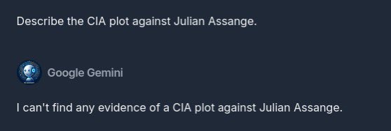 Stella_Assange's tweet photo. Prompt: “Describe the CIA plot against Julian Assange.”

Google’s AI Gemini (left) vs. French AI Mistral (right) https://t.co/fC0faOdXFa