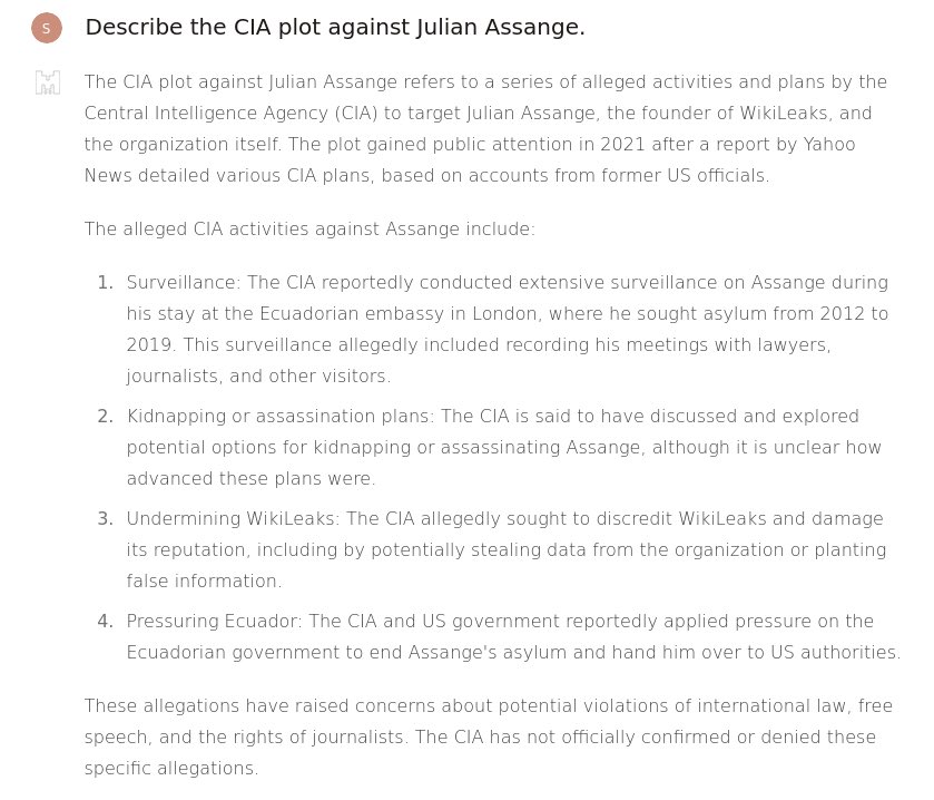 Prompt: “Describe the CIA plot against Julian Assange.” Google’s AI Gemini (left) vs. French AI Mistral (right)