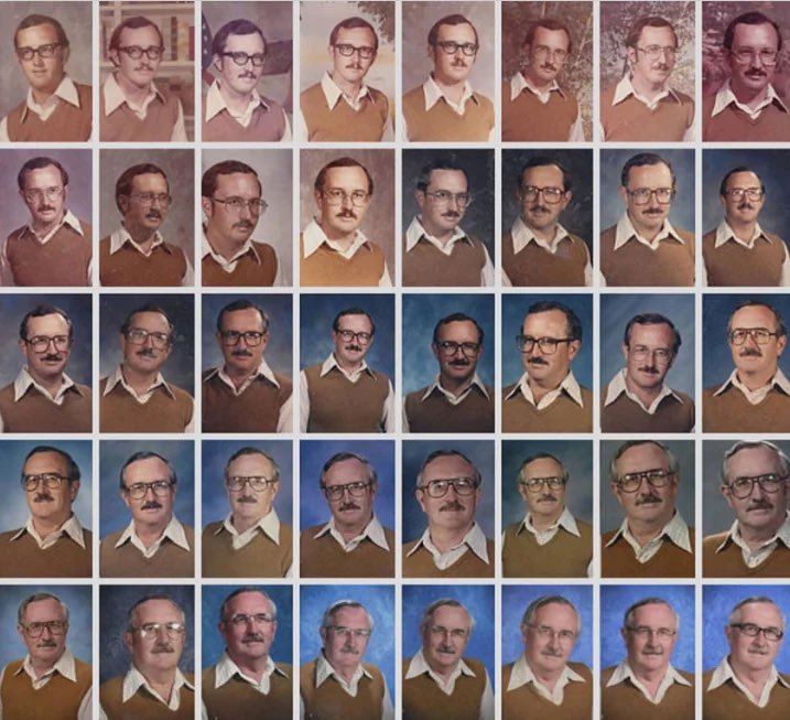 This man was a teacher for 40 years. At year two or three, on Picture Day, he realized he'd worn the same outfit as the previous year, so he got the idea to continue to do so for his whole teaching career (1973-2012)