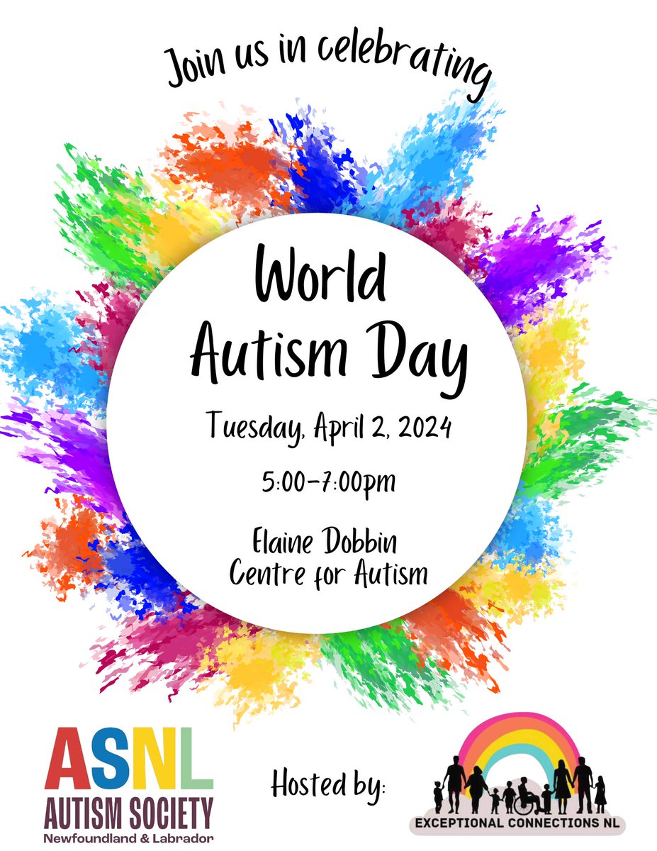 We've partnered with ASNL to celebrate our autistic friends! Elaine Dobbin Centre for Autism (70 Clinch Crescent, St. John's, NL) on Tuesday, April 2, from 5-7pm! We'll have activities, play equipment, spaces to hang out, BBQ, and more! #allagesallabilitiesallexceptionalities