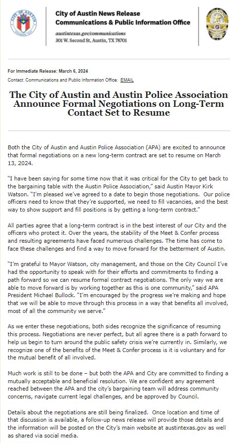 I am excited for the March 13th resumption of negotiations between <a href="/ATXPOA/">Austin Police Association</a> and the <a href="/austintexasgov/">City of Austin</a>. We must move forward together, enhancing the safety and well-being of all Austinites. Kudos to our officers for their unwavering service. Time to secure a contract that reflects