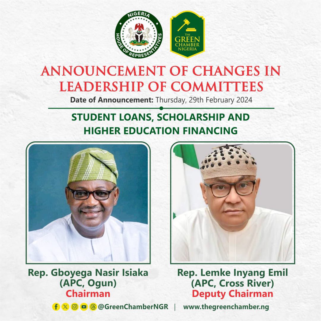 greenchamberngr's tweet photo. Similarly, Speaker Abbas Tajudeen also announced Rep. Gboyega Nasir Isiaka (APC, Ogun) as Chairman of the House Committee on Student Loans, Scholarship and Higher Ediucation Financing.
#GreenChamberNGR #CommitteeWatch
#CommitteeLeadership #HouseOfReps https://t.co/hMbTNjUBVq