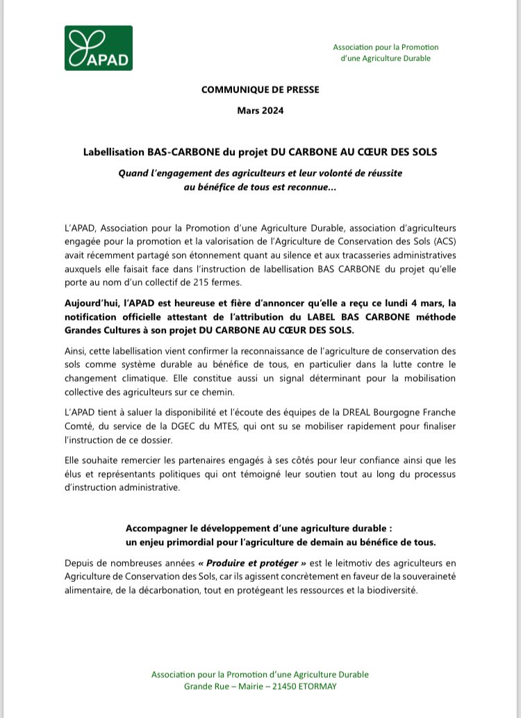 GerardRass's tweet image. ANNONCE ⤵️

Le projet collectif 
DU CARBONE AU CŒUR DES SOLS
de l’@apad_contact 
👏👏👏👏

a finalement obtenu 
le LABEL BAS CARBONE
du #MTES @Ecologie_Gouv ! 

215 fermes en #ACS 
Agriculture de Conservation des Sols 
sont ainsi en mesure de vendre des Crédits Carbone labellisés